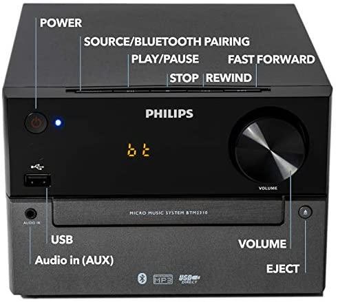 Phillips Audio M3205/12 Minicadena de Música con CD y USB y Bluetooth,  Radio FM, MP3-CD, Puerto USB para Carga, 18 W, Altavoces Bass Reflex,  Control