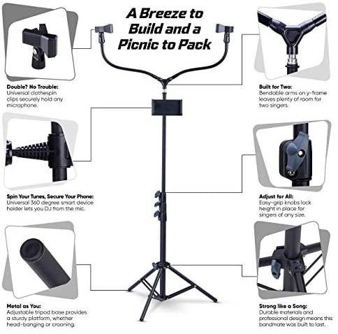 MASINGO Soporte doble para micrófono, ajustable de 2.4 pies a 6 pies de  alto, con dos brazos flexibles y soporte para dispositivo inteligente, base  de