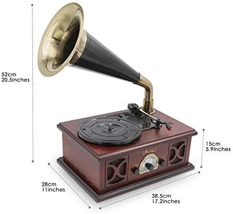 Reproductor de discos de vinilo Bluetooth con altavoces de sonido mejorado,  tocadiscos USB y SD, fonógrafo vintage de 3 velocidades, bocina portátil
