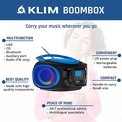 KLIM Speaker Reproductor CD Portátil con Altavoz + Bluetooth