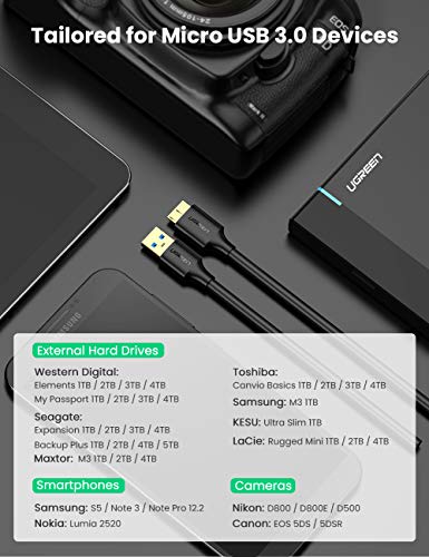  UGREEN Cable USB C a USB 3.0 Micro B, cable de transferencia de  datos de carga rápida y sincronización, compatible con Samsung Galaxy S5  Note 3 Seagate WD Toshiba cámara de