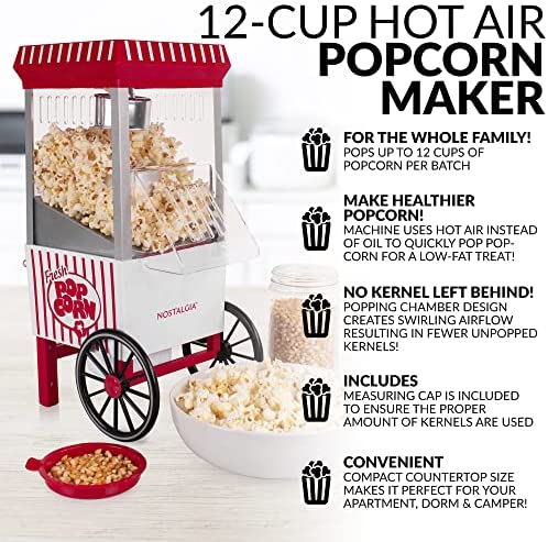 Nostalgia Máquina para hacer palomitas de maíz, 12 tazas, máquina de  palomitas de maíz de aire caliente con tapa medidora, sin aceite, estilo  vintage