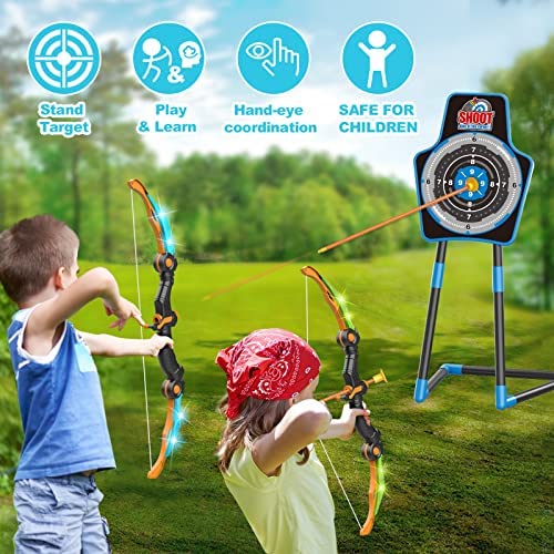 TEMI Juego de arco y flecha para niños, juego de juguete de tiro con luz  LED con 10 flechas de ventosa, objetivo y carcaj, juguetes de interior y