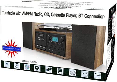 Tocadiscos multifunción de vinilo Bluetooth vintage de 3 velocidades con  radio AM/FM, 2 altavoces estéreo separados, reproductor de CD/cassette