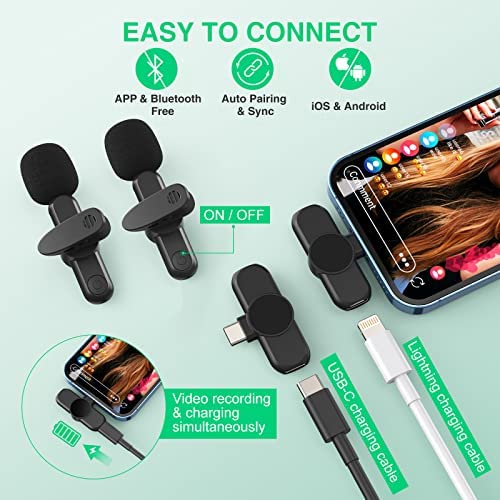  Micrófono Lavalier inalámbrico para iPhone 7 8 X XR XS 11 12 13  14 Max Pro SE - Micrófono de solapa Plug & Play de 2.4 GHz con clip para  grabación